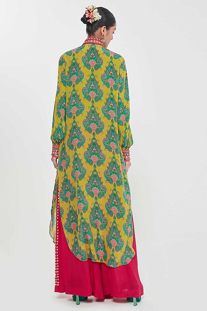 Yellow Crepe Printed & Hand Embroidered Tunic Set by SIDDHARTHA BANSAL at Pernia's Pop Up Shop