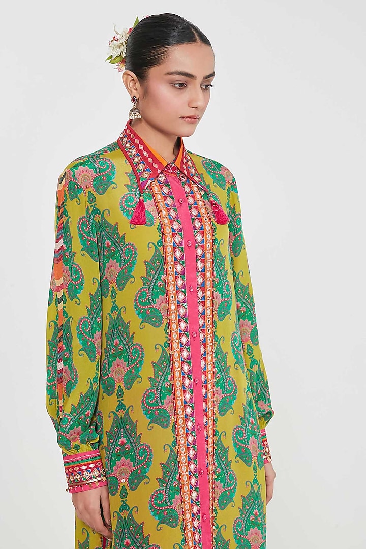 Yellow Crepe Printed & Hand Embroidered Tunic Set by SIDDHARTHA BANSAL at Pernia's Pop Up Shop