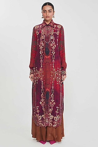 Mocha Crepe Printed & Hand Embroidered Tunic Set by SIDDHARTHA BANSAL