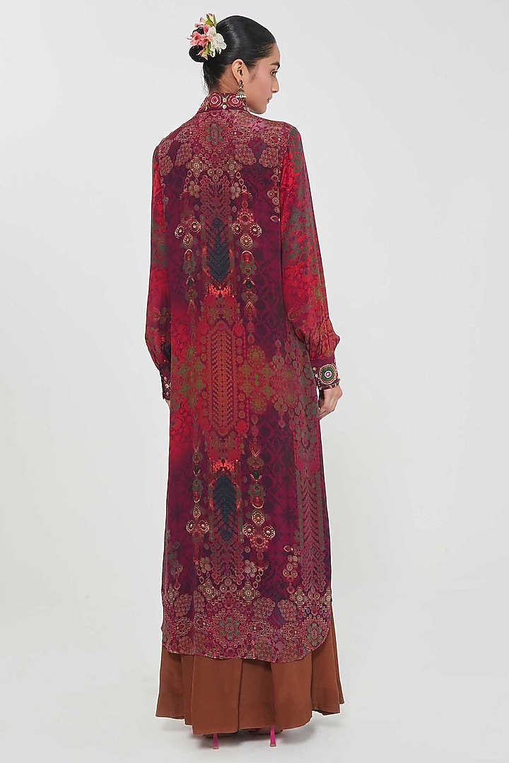 Mocha Crepe Printed & Hand Embroidered Tunic Set by SIDDHARTHA BANSAL at Pernia's Pop Up Shop