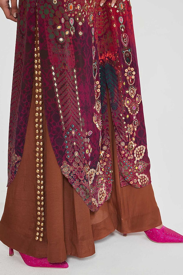Mocha Crepe Printed & Hand Embroidered Tunic Set by SIDDHARTHA BANSAL at Pernia's Pop Up Shop