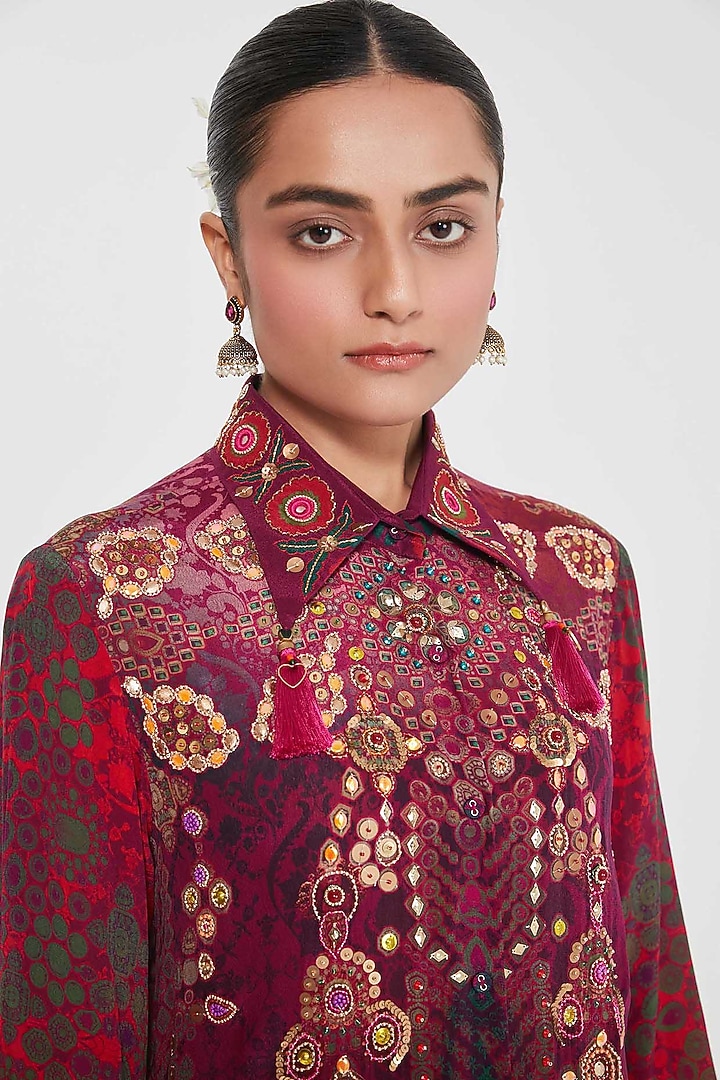 Mocha Crepe Printed & Hand Embroidered Tunic Set by SIDDHARTHA BANSAL at Pernia's Pop Up Shop