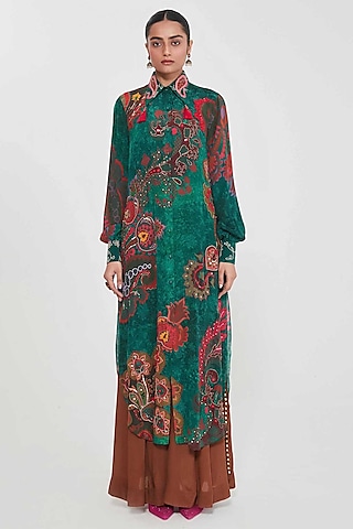 Royal Green Crepe Paisley Printed & Hand Embroidered Tunic Set by SIDDHARTHA BANSAL