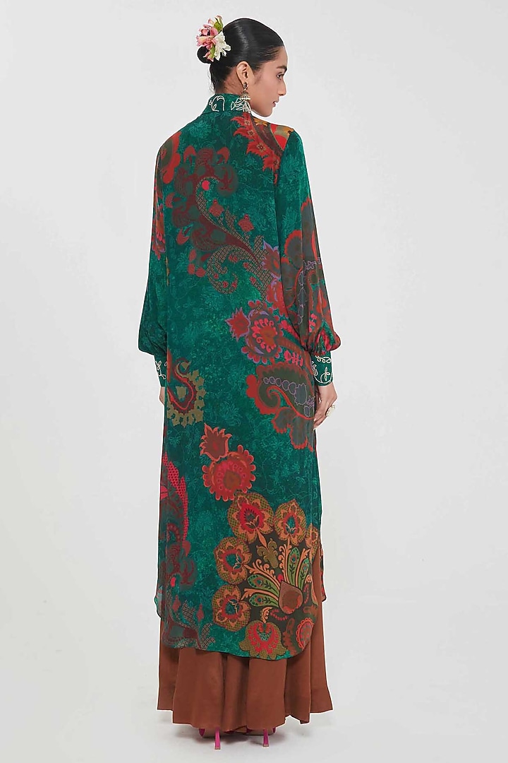 Royal Green Crepe Paisley Printed & Hand Embroidered Tunic Set by SIDDHARTHA BANSAL at Pernia's Pop Up Shop