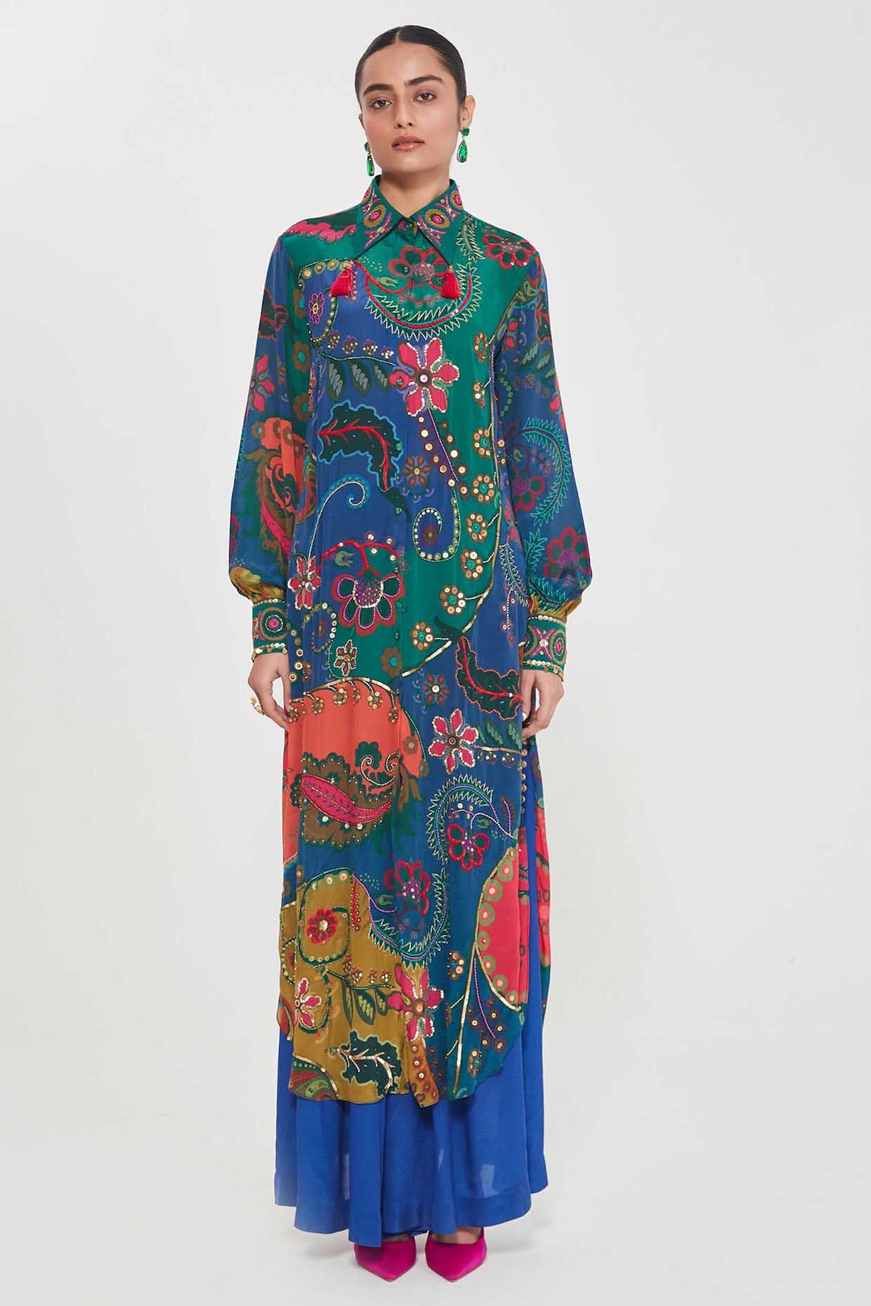 Multi-Colored Crepe Paisley Printed & Hand Embroidered Tunic Set by ...