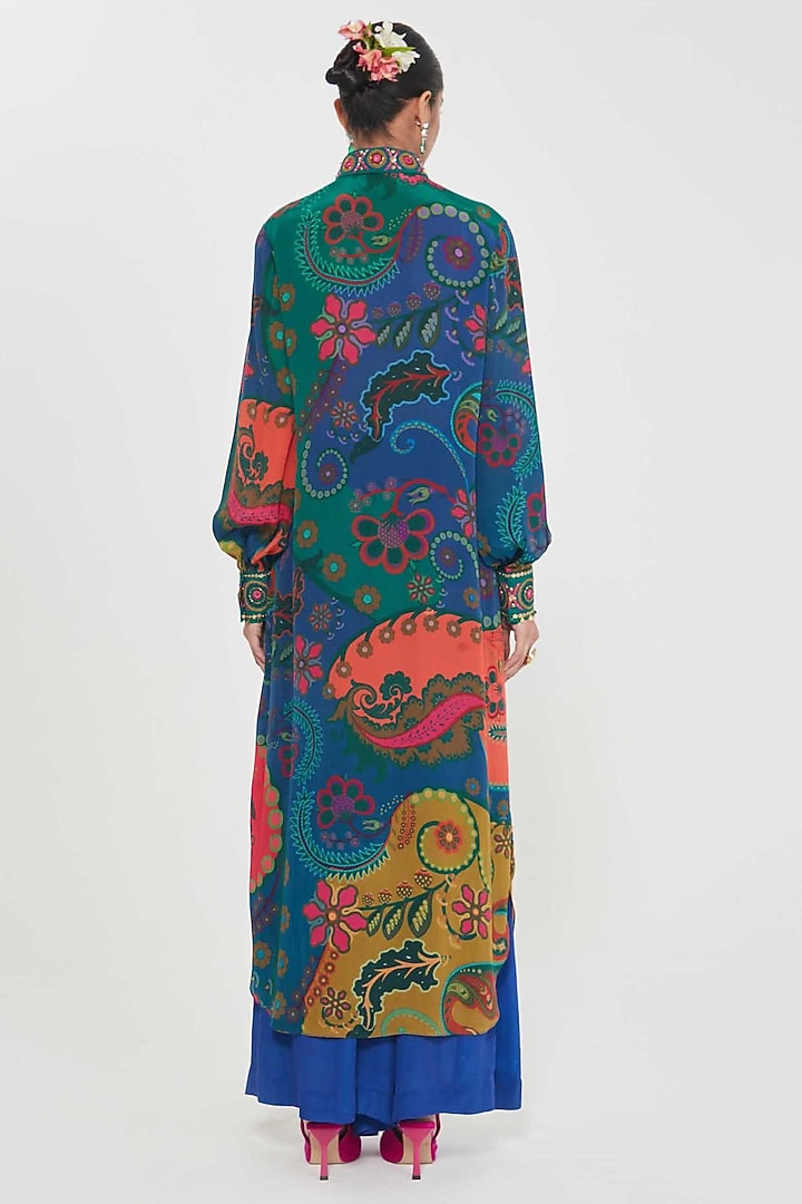 Multi-Colored Crepe Paisley Printed & Hand Embroidered Tunic Set by SIDDHARTHA BANSAL at Pernia's Pop Up Shop