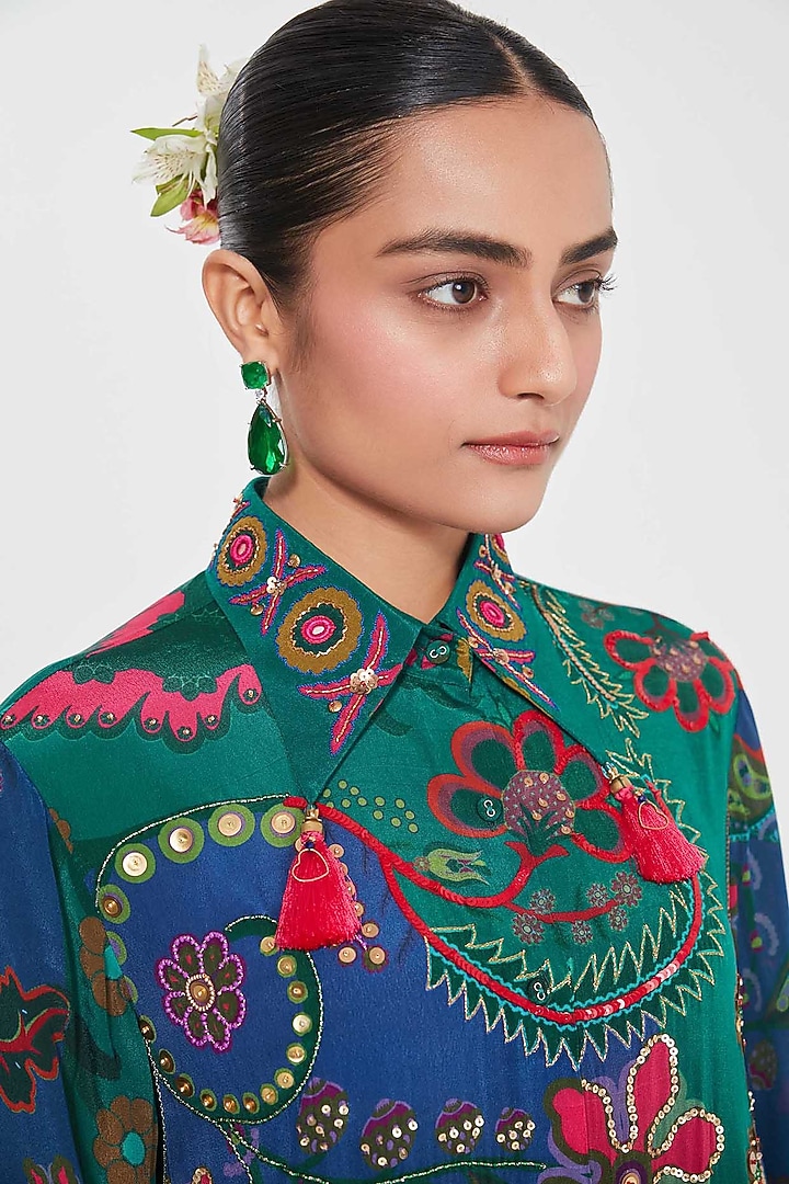 Multi-Colored Crepe Paisley Printed & Hand Embroidered Tunic Set by SIDDHARTHA BANSAL at Pernia's Pop Up Shop