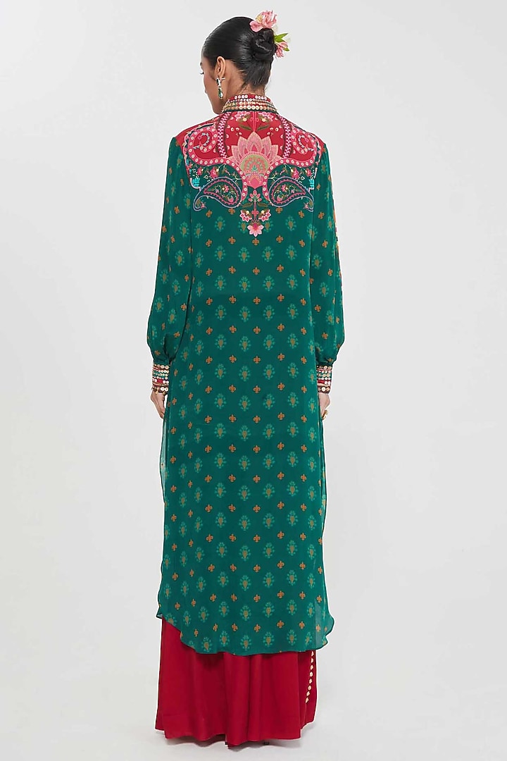 Green Crepe Paisley Printed & Hand Embroidered Tunic Set by SIDDHARTHA BANSAL at Pernia's Pop Up Shop