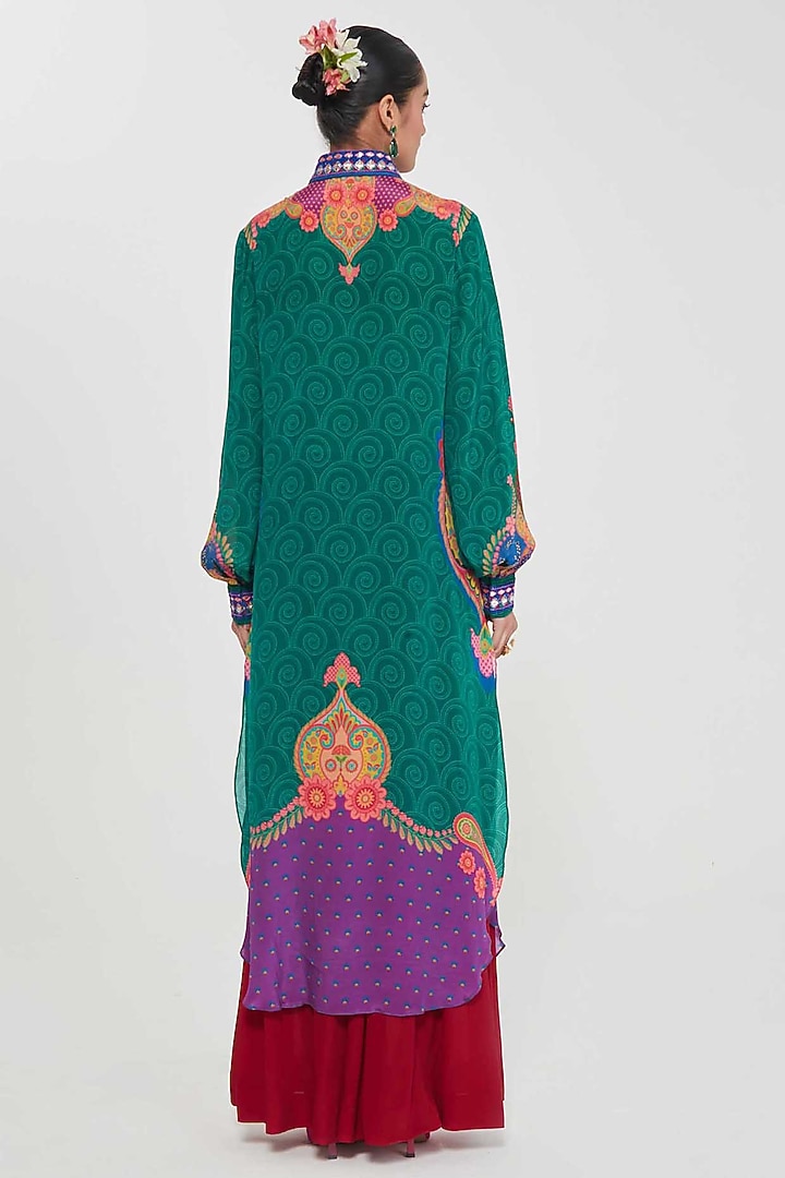 Green Crepe Paisley Printed & Hand Embroidered Tunic Set by SIDDHARTHA BANSAL at Pernia's Pop Up Shop