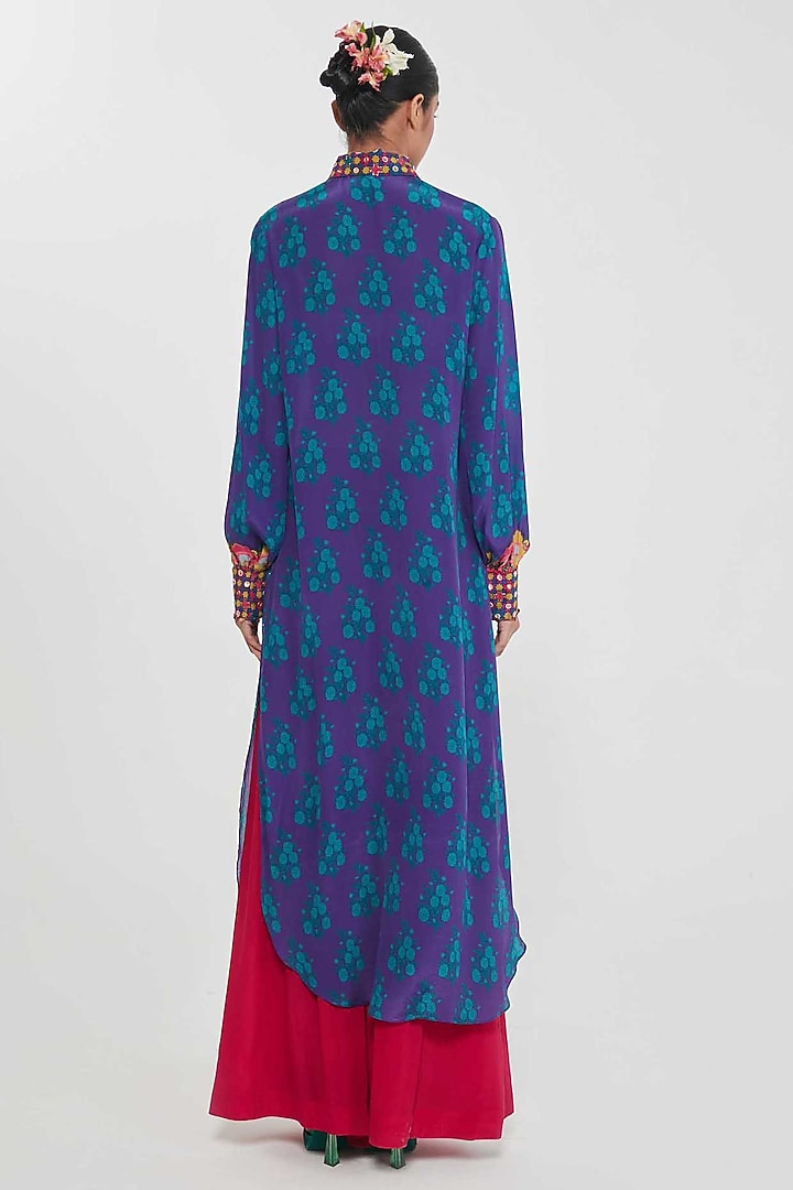 Midnight Blue Crepe Printed & Hand Embroidered Tunic Set by SIDDHARTHA BANSAL at Pernia's Pop Up Shop