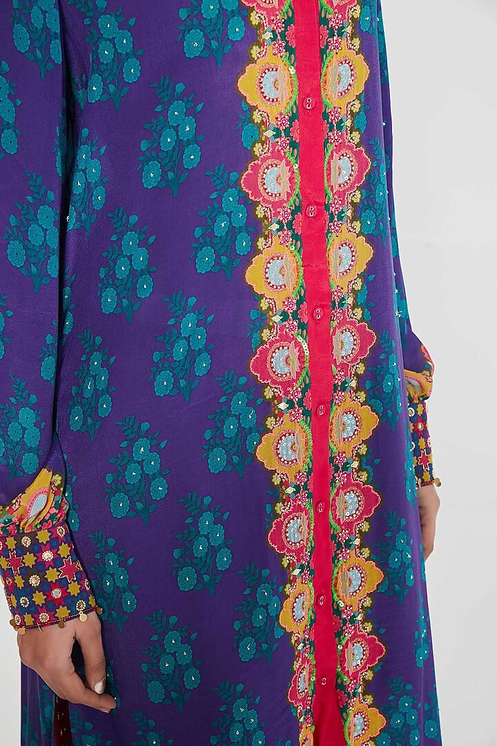 Midnight Blue Crepe Printed & Hand Embroidered Tunic Set by SIDDHARTHA BANSAL at Pernia's Pop Up Shop