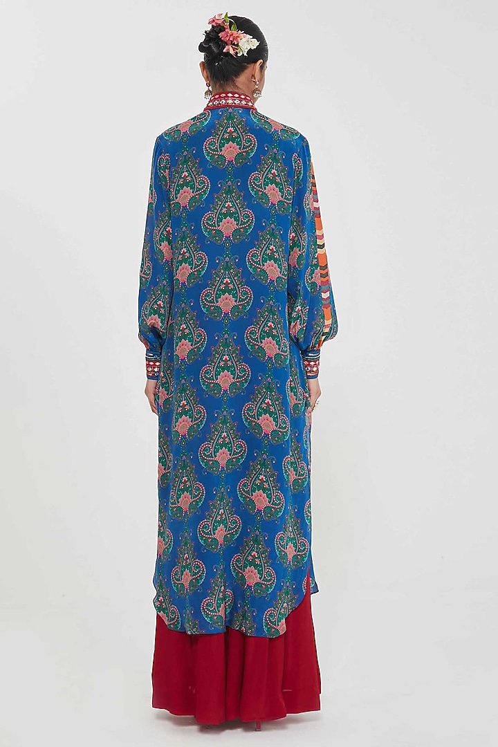 Midnight Blue Crepe Printed & Hand Embroidered Tunic Set by SIDDHARTHA BANSAL at Pernia's Pop Up Shop