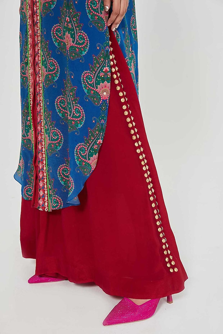 Midnight Blue Crepe Printed & Hand Embroidered Tunic Set by SIDDHARTHA BANSAL at Pernia's Pop Up Shop