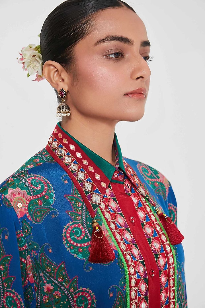 Midnight Blue Crepe Printed & Hand Embroidered Tunic Set by SIDDHARTHA BANSAL at Pernia's Pop Up Shop