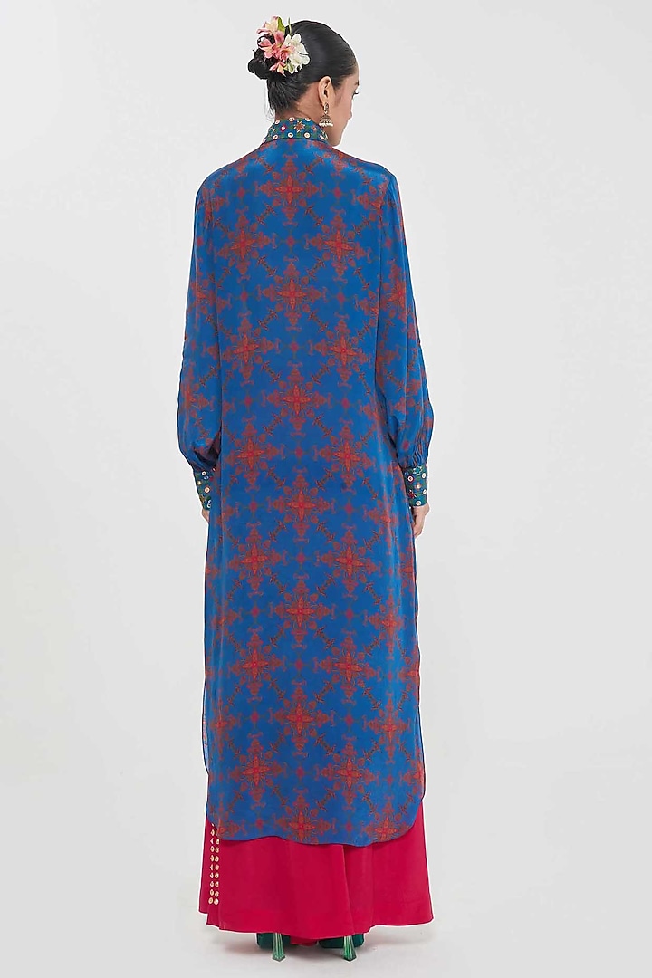 Midnight Blue Crepe Printed & Hand Embroidered Tunic Set by SIDDHARTHA BANSAL at Pernia's Pop Up Shop