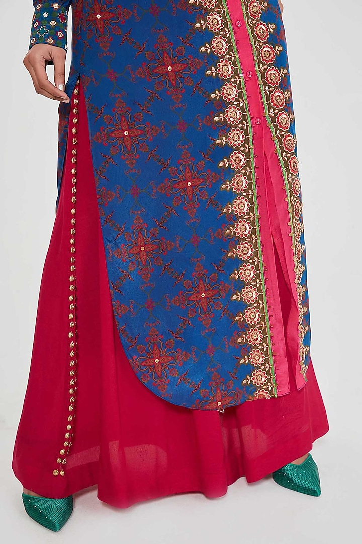 Midnight Blue Crepe Printed & Hand Embroidered Tunic Set by SIDDHARTHA BANSAL at Pernia's Pop Up Shop