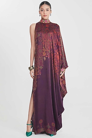 Wine Satin Paisley Printed & Hand Embellished One-Shoulder Dress by SIDDHARTHA BANSAL