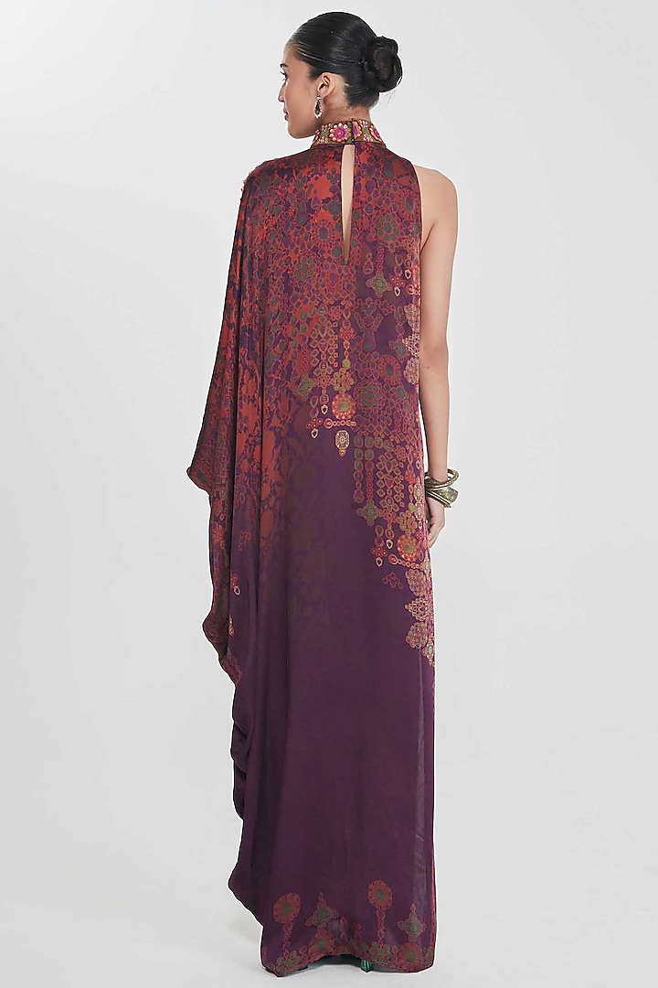 Wine Satin Paisley Printed & Hand Embellished One-Shoulder Vacation Dress by SIDDHARTHA BANSAL at Pernia's Pop Up Shop