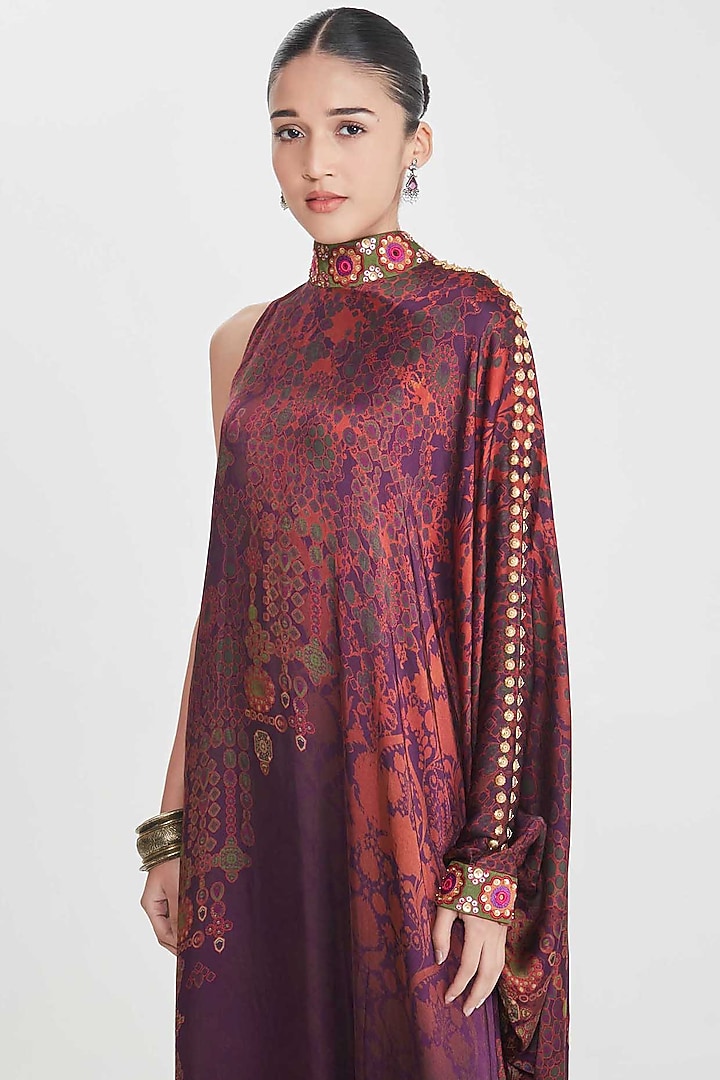 Wine Satin Paisley Printed & Hand Embellished One-Shoulder Vacation Dress by SIDDHARTHA BANSAL at Pernia's Pop Up Shop