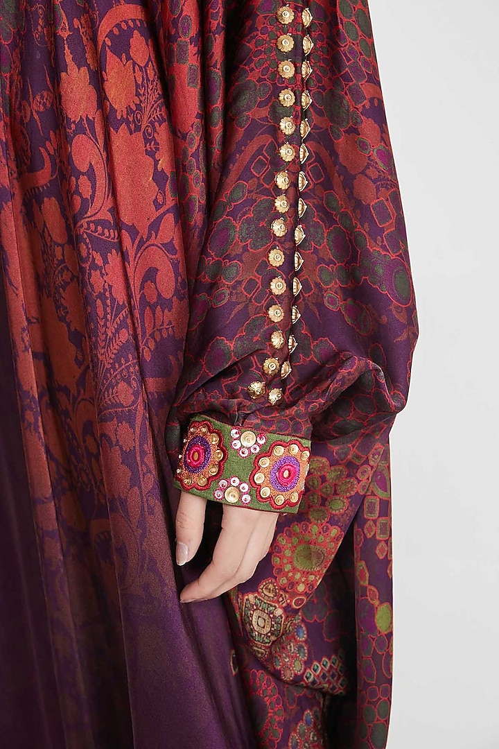 Wine Satin Paisley Printed & Hand Embellished One-Shoulder Vacation Dress by SIDDHARTHA BANSAL at Pernia's Pop Up Shop