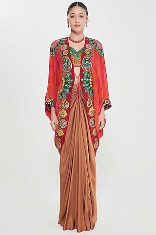 Brown Satin Draped Skirt Set by SIDDHARTHA BANSAL