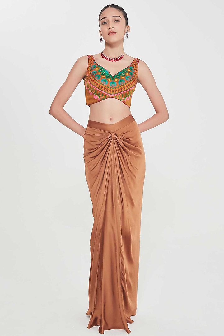 Brown Satin Draped Skirt Set by SIDDHARTHA BANSAL at Pernia's Pop Up Shop