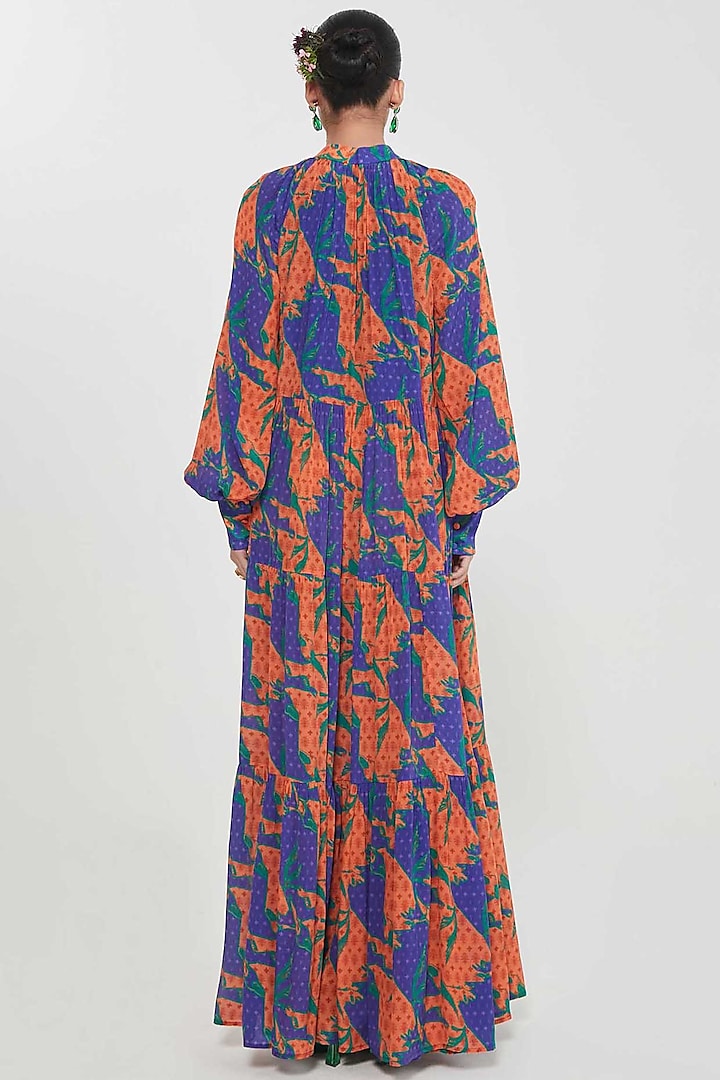 Multi-Colored Crepe Printed Tiered Maxi Vacation Dress by SIDDHARTHA BANSAL at Pernia's Pop Up Shop