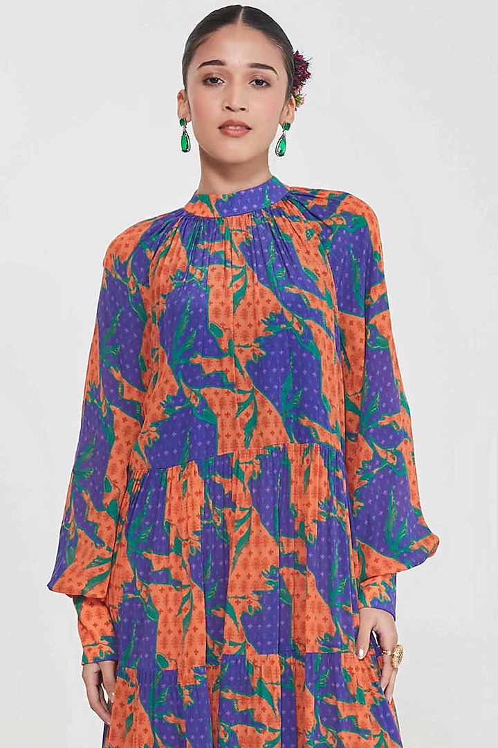 Multi-Colored Crepe Printed Tiered Maxi Vacation Dress by SIDDHARTHA BANSAL at Pernia's Pop Up Shop