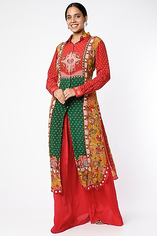 Red & Mustard Printed Shirt Tunic by SIDDHARTHA BANSAL