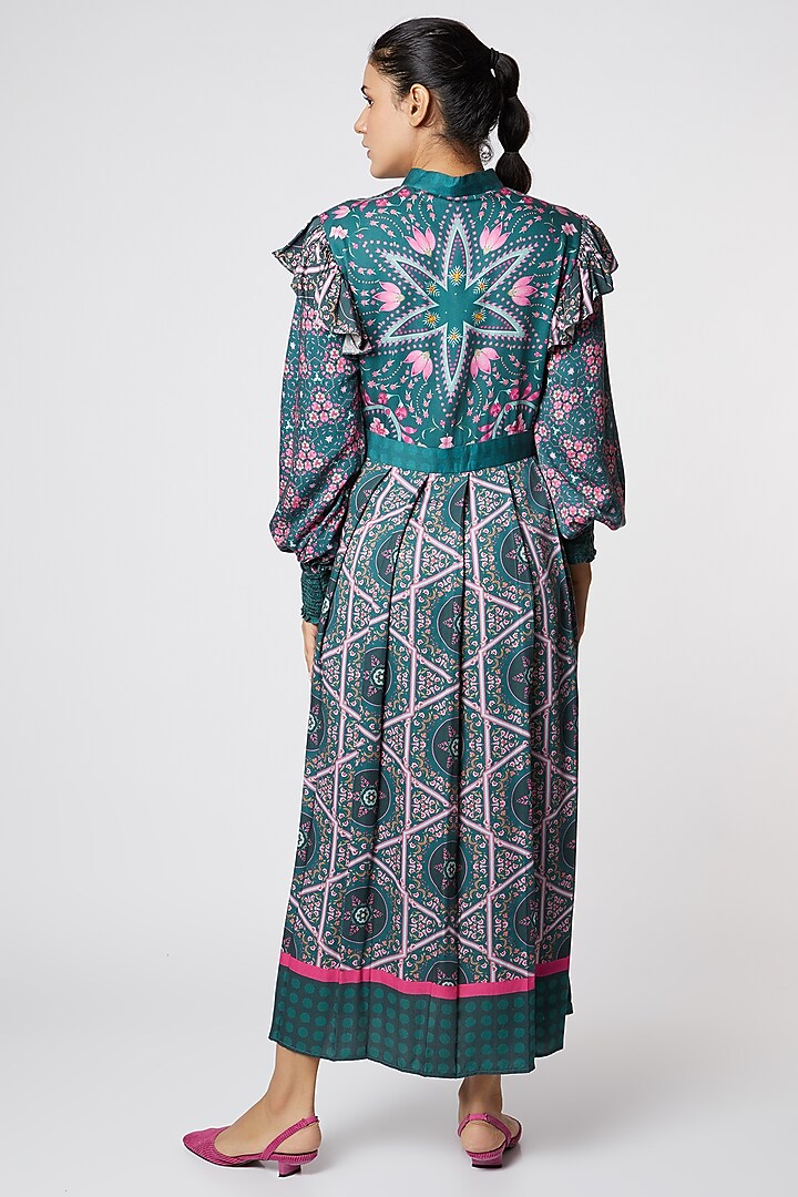 Dark Grey & Pink Modal Satin Digital Printed Pleated Vacation Dress by SIDDHARTHA BANSAL at Pernia's Pop Up Shop