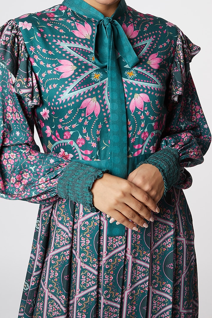 Dark Grey & Pink Modal Satin Digital Printed Pleated Vacation Dress by SIDDHARTHA BANSAL at Pernia's Pop Up Shop