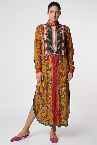 Yellow Pure Crepe Embroidered & Digital Printed by SIDDHARTHA BANSAL