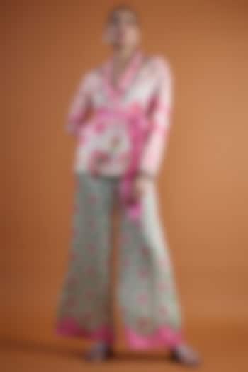 Green & Pink Linen Satin Digital Printed Pant Set by SIDDHARTHA BANSAL