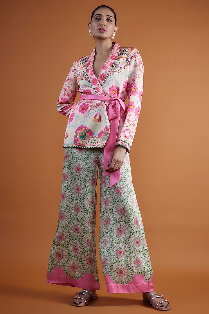 Green & Pink Linen Satin Digital Printed Pant Set by SIDDHARTHA BANSAL