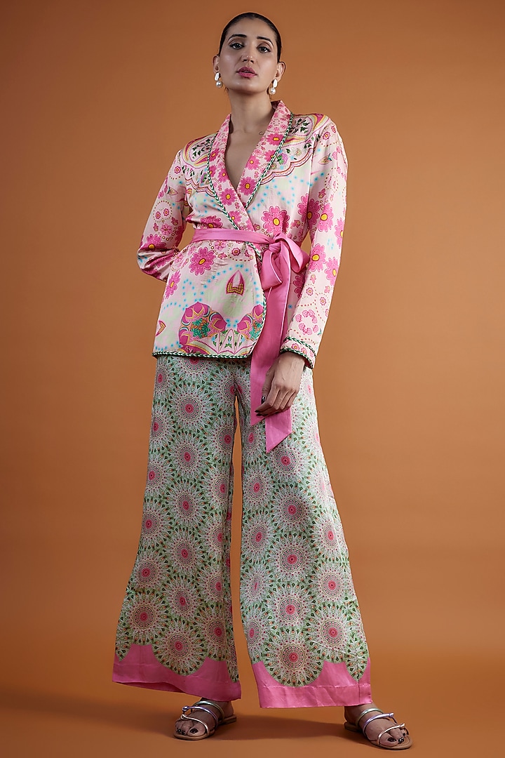 Green & Pink Linen Satin Digital Printed Pant Set by SIDDHARTHA BANSAL at Pernia's Pop Up Shop