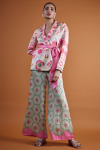 Green & Pink Linen Satin Digital Printed Pant Set by SIDDHARTHA BANSAL
