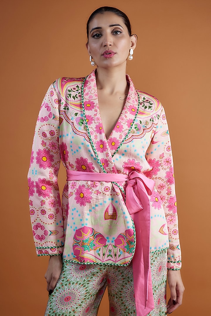 Green & Pink Linen Satin Digital Printed Pant Set by SIDDHARTHA BANSAL at Pernia's Pop Up Shop