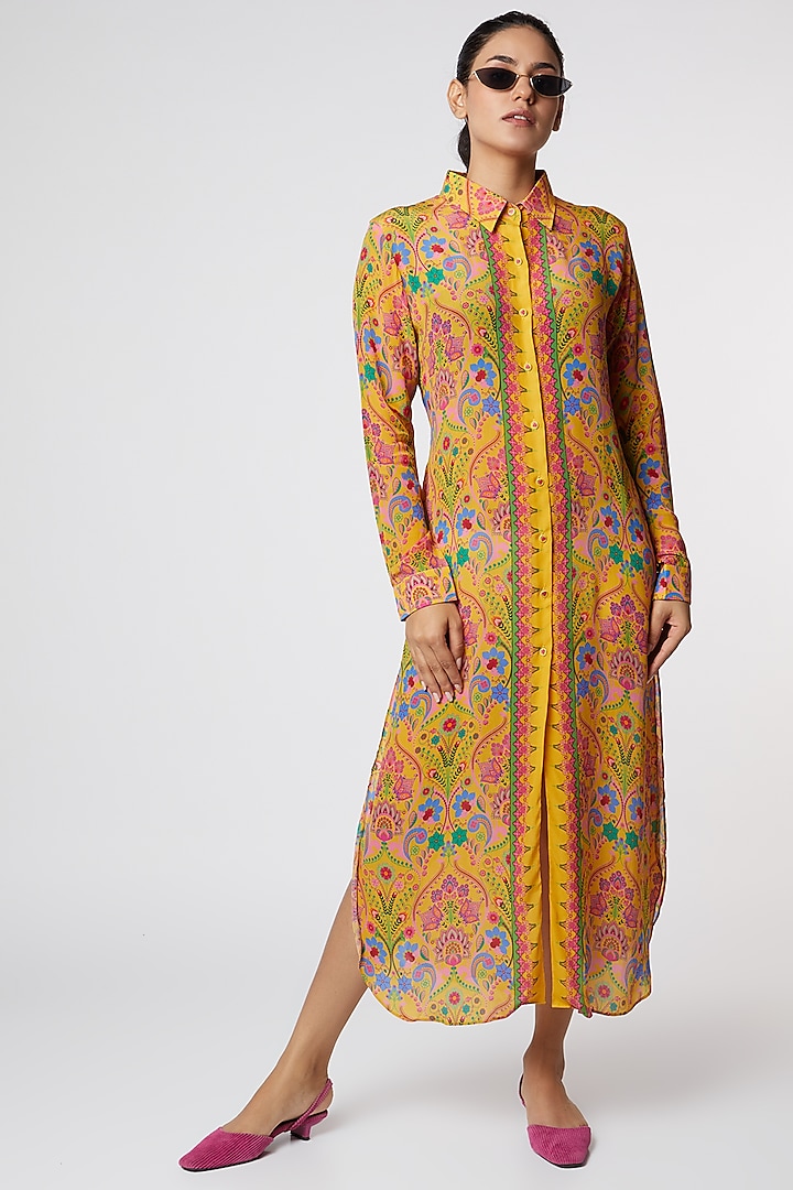 Yellow Floral Printed Shirt Dress by SIDDHARTHA BANSAL