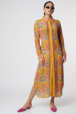 Yellow Pure Crepe Floral Digital Printed by SIDDHARTHA BANSAL