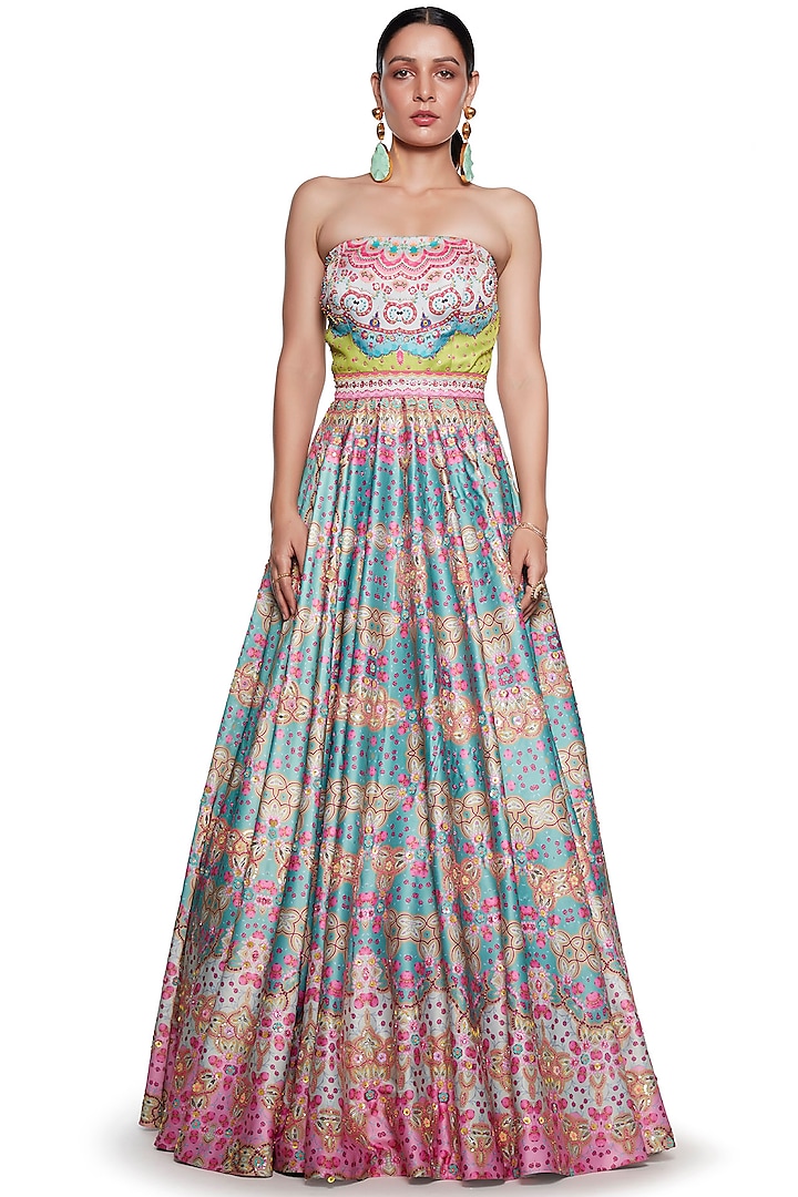 Pink & Blue Embroidered Gown by SIDDHARTHA BANSAL