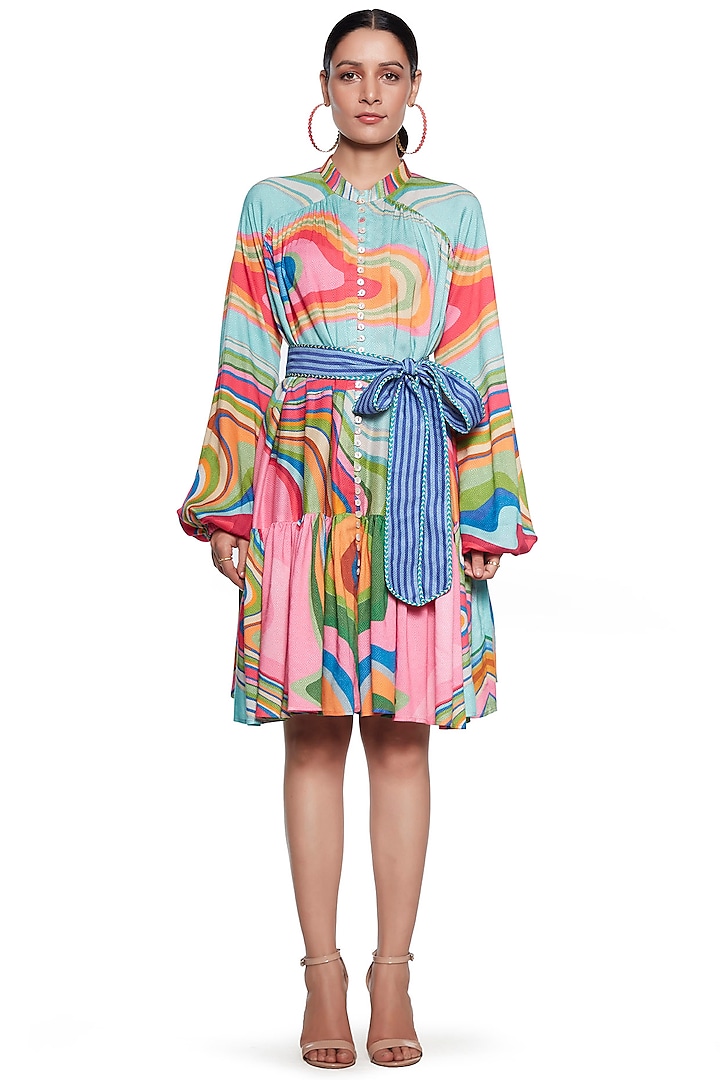 Multi Colored Embroidered Knee Length Dress by SIDDHARTHA BANSAL