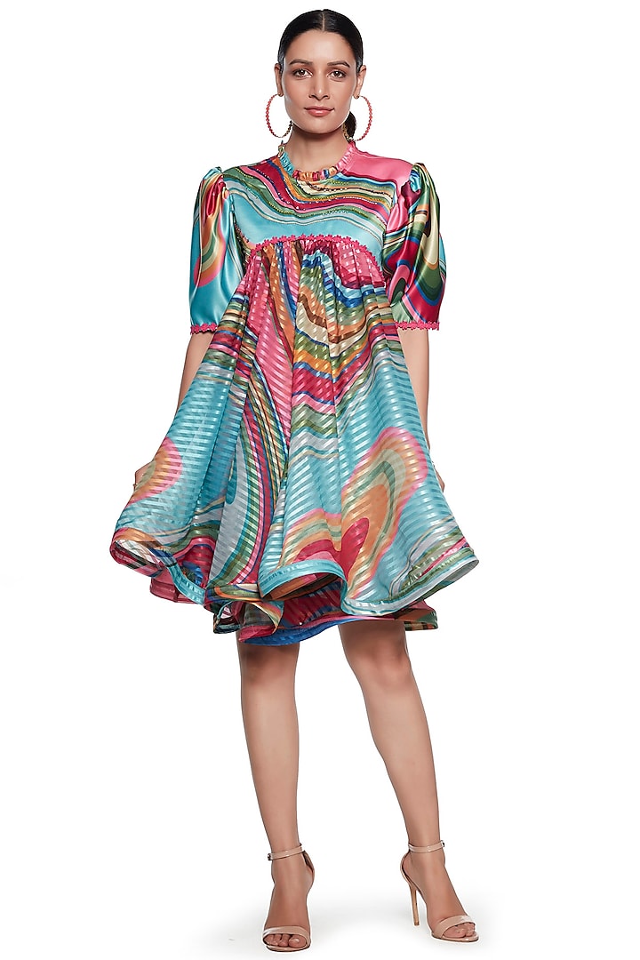 Multi Colored Wave Embroidered Dress by SIDDHARTHA BANSAL