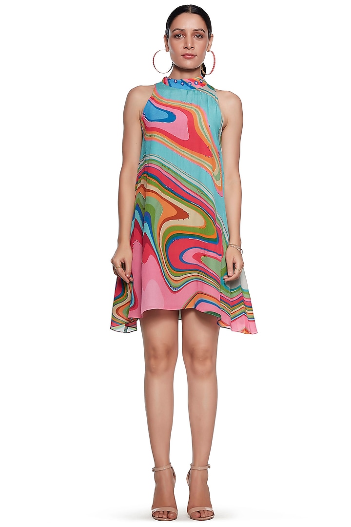 Multi Colored Embroidered Dress With Halter Neck by SIDDHARTHA BANSAL