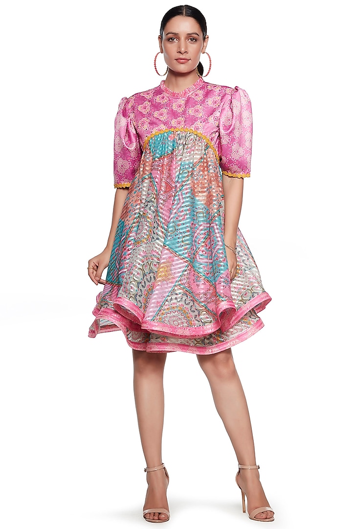 Pink & Blue Embroidered Dress by SIDDHARTHA BANSAL