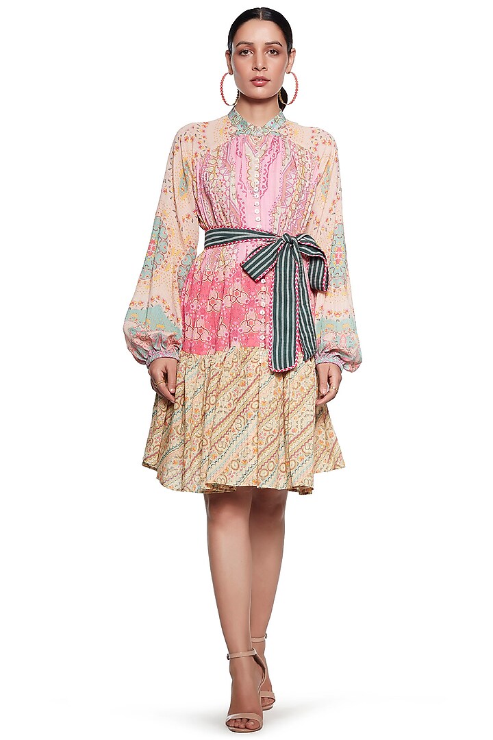 Pink & Yellow Cotton Linen Dress by SIDDHARTHA BANSAL