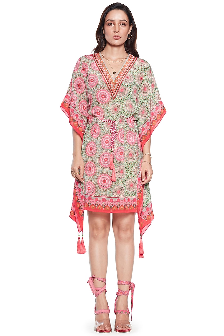 Pink & Green Crepe Kaftan by SIDDHARTHA BANSAL at Pernia's Pop Up Shop