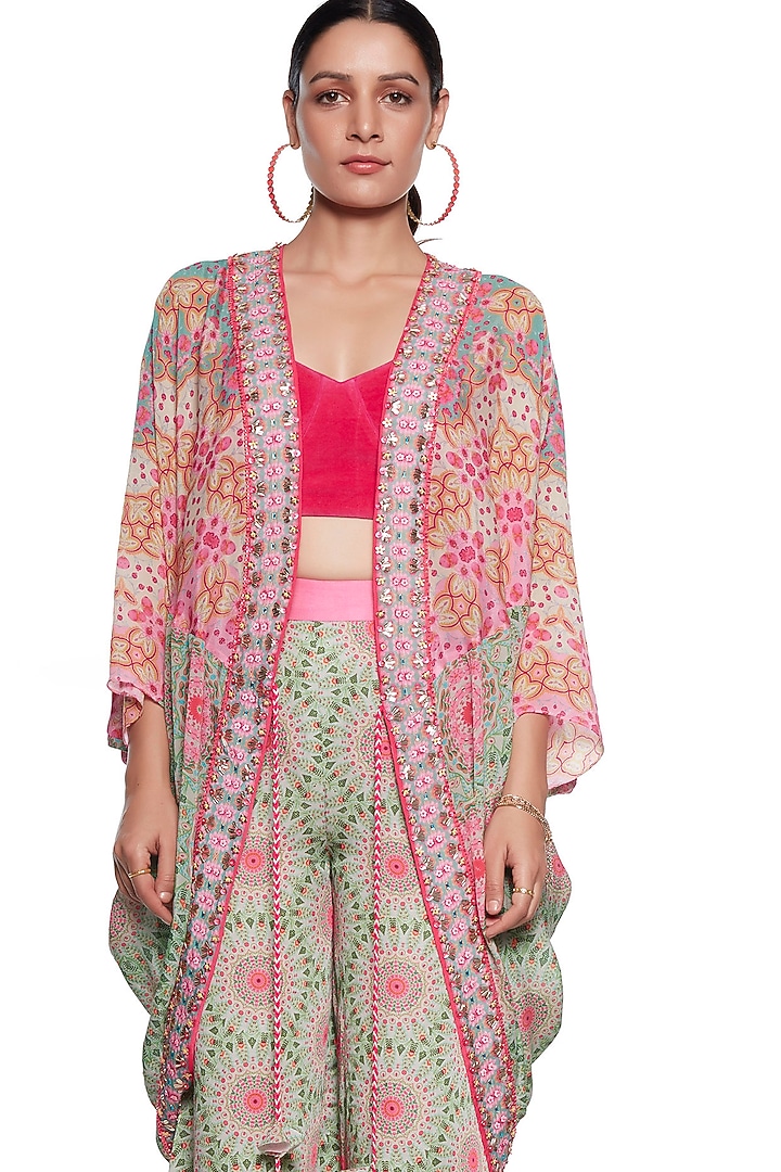 Pink & Green Crepe Shrug by SIDDHARTHA BANSAL at Pernia's Pop Up Shop