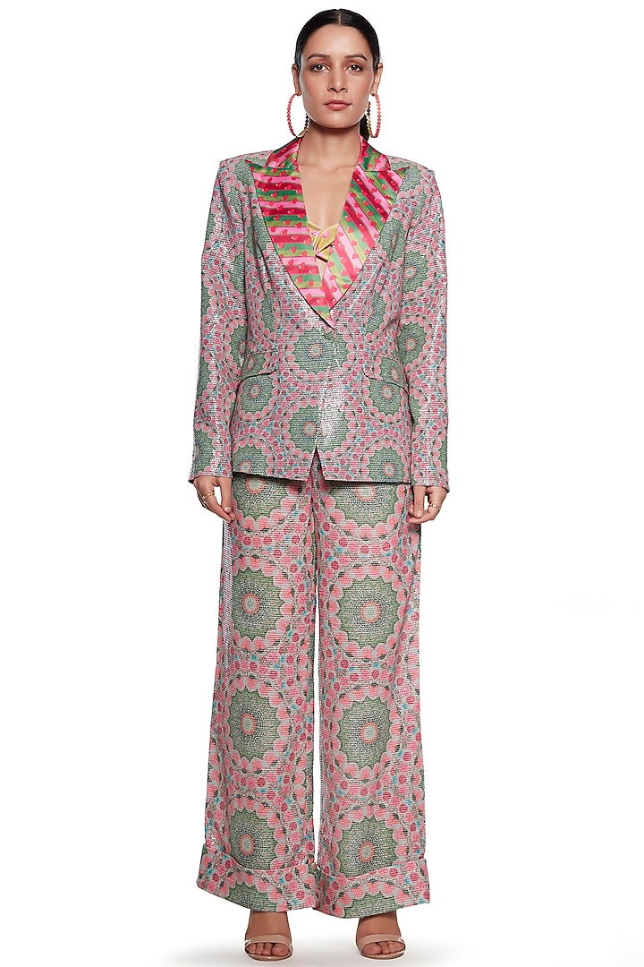 Blush Pink & Green Sequinned Blazer Set by SIDDHARTHA BANSAL