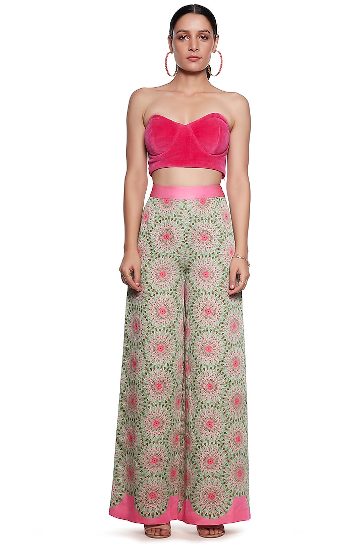 Green & Pink Linen Satin Pant by SIDDHARTHA BANSAL