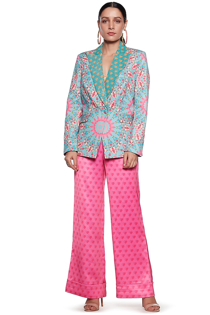 Sky Blue & Pink Printed Blazer Set by SIDDHARTHA BANSAL